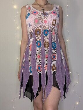 Purple Crochet Tank Tunic with Floral Motif And Handkerchief Hem - Fairy Dress
